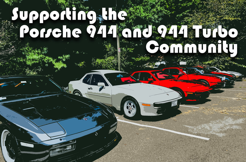 A row of Porsche 944 sports cars at the turboboof headquarters